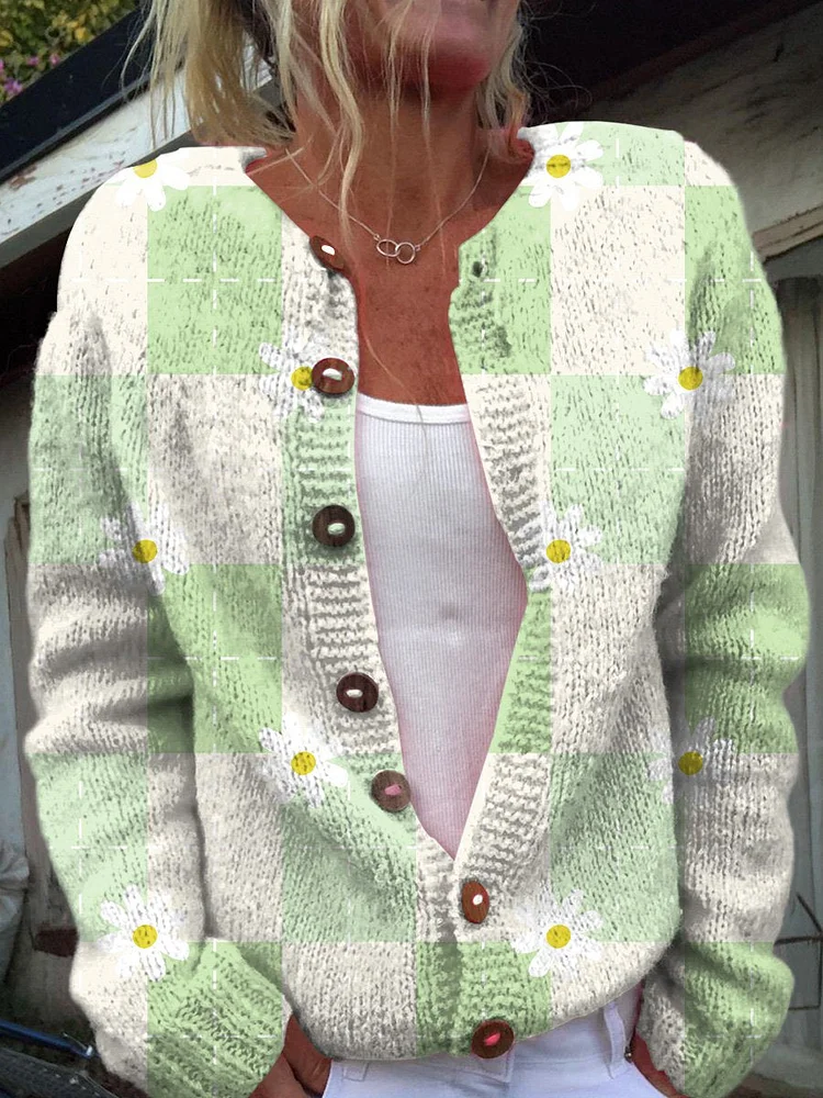 Vintage Plaid Cute Floral Art Print Buttoned Cardigan Sweater