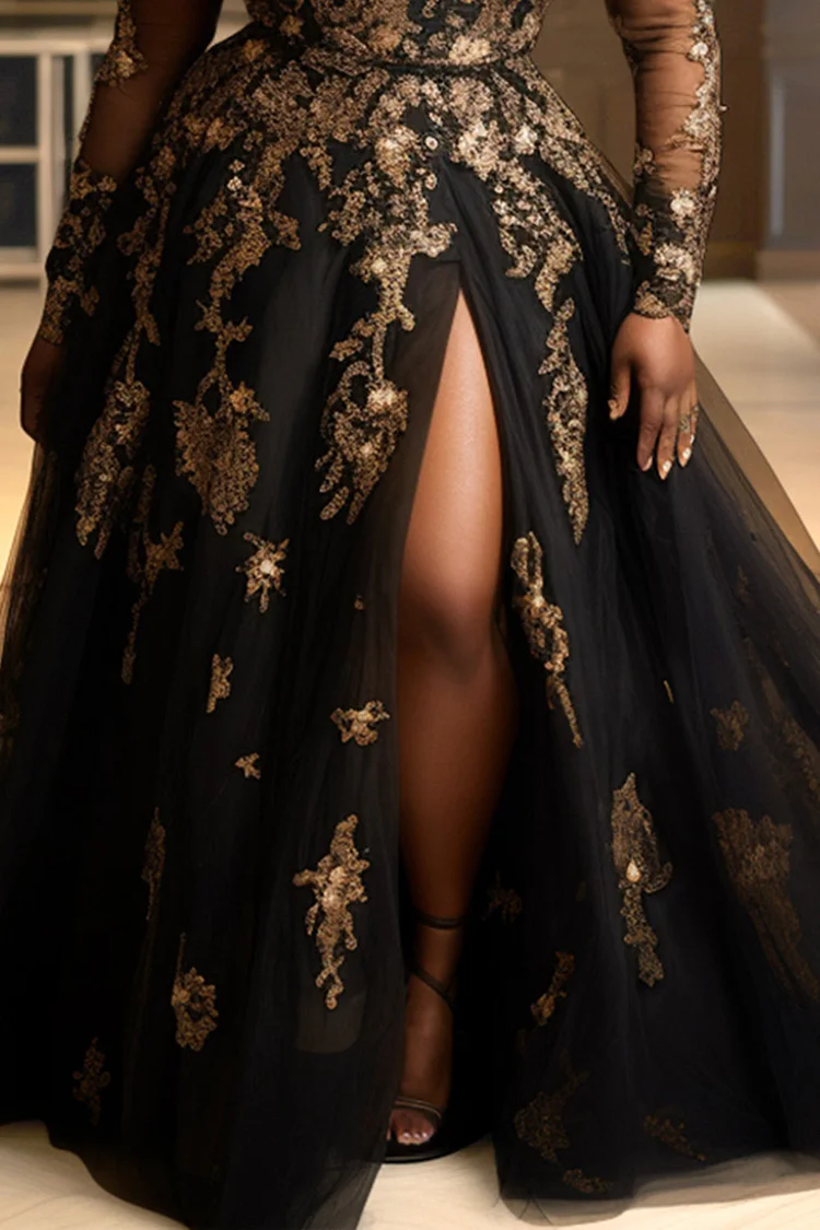 Xpluswear Design Plus Size Formal Black Elegant V Neck Long Sleeve Split See Through Tulle Maxi Dresses [Pre-Order]