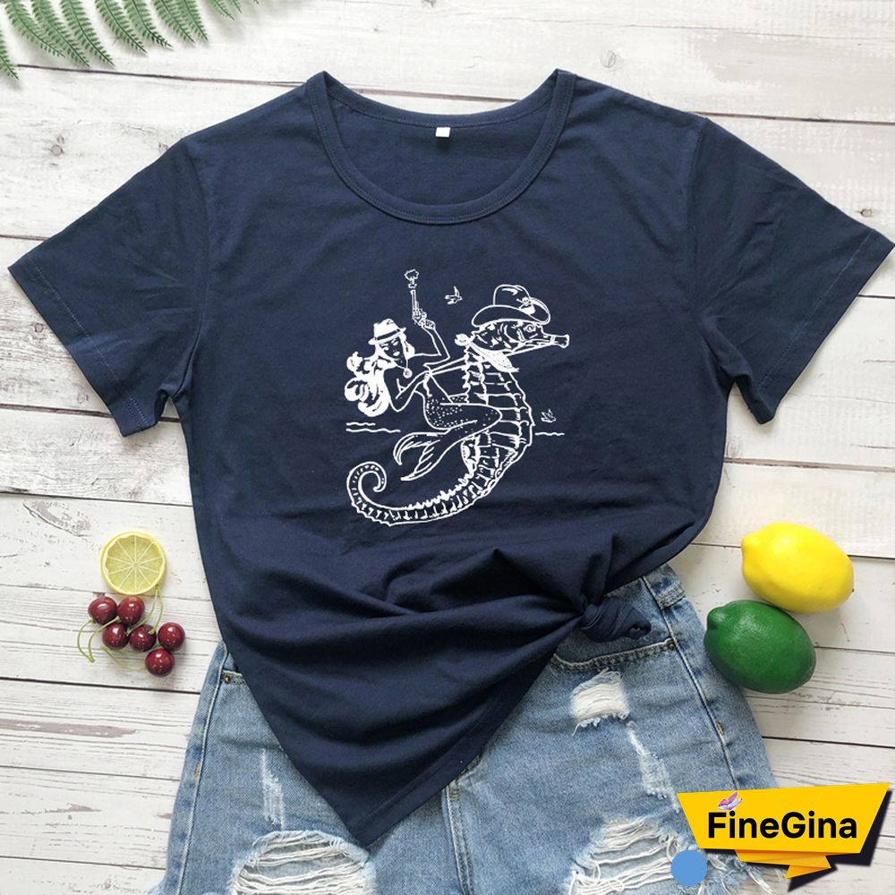 The Cowgirl Mermaid 100% Cotton T-shirt Aesthetic Sea-haw Rodeo Western Tshirt Funny Women Hipster Graphic Tee Shirt Top