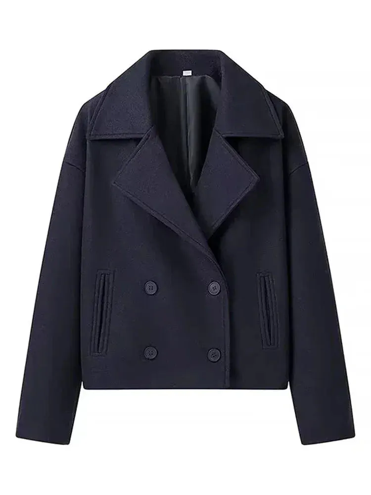 Wool Blend Lapel Double Breasted Long Sleeve Coat