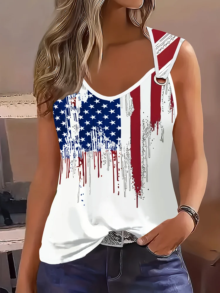 Vibrant American Flag Print Crew Neck Tank Top - Soft, Breathable, Casual Sleeveless Top For Summer & Spring - Womens Comfortable Clothing For Outdoor Activitie