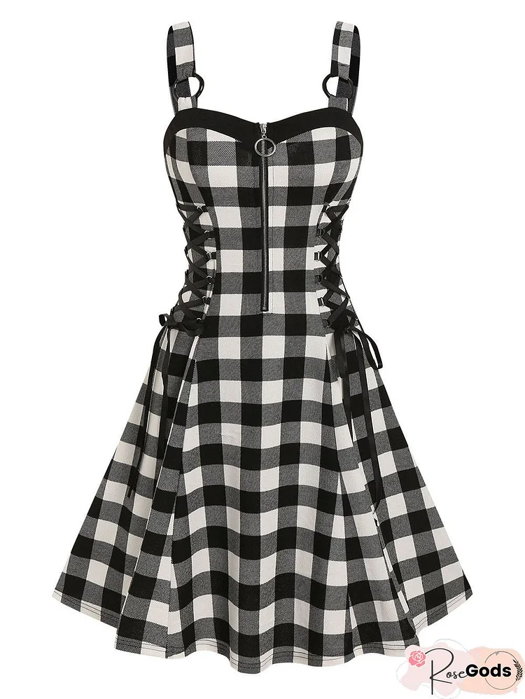Lace Up Black Checked O Ring Dress Vintage Gothic Dress Plus Size Sleeveless Dress Women Party Sexy Femme Streetwear Dress