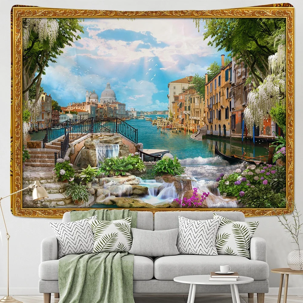 Fake Frame Tapestry Wall Hanging River Sky Clouds Bohemian Dorm Decor Yoga Mat Rug Architectural Attraction Venice