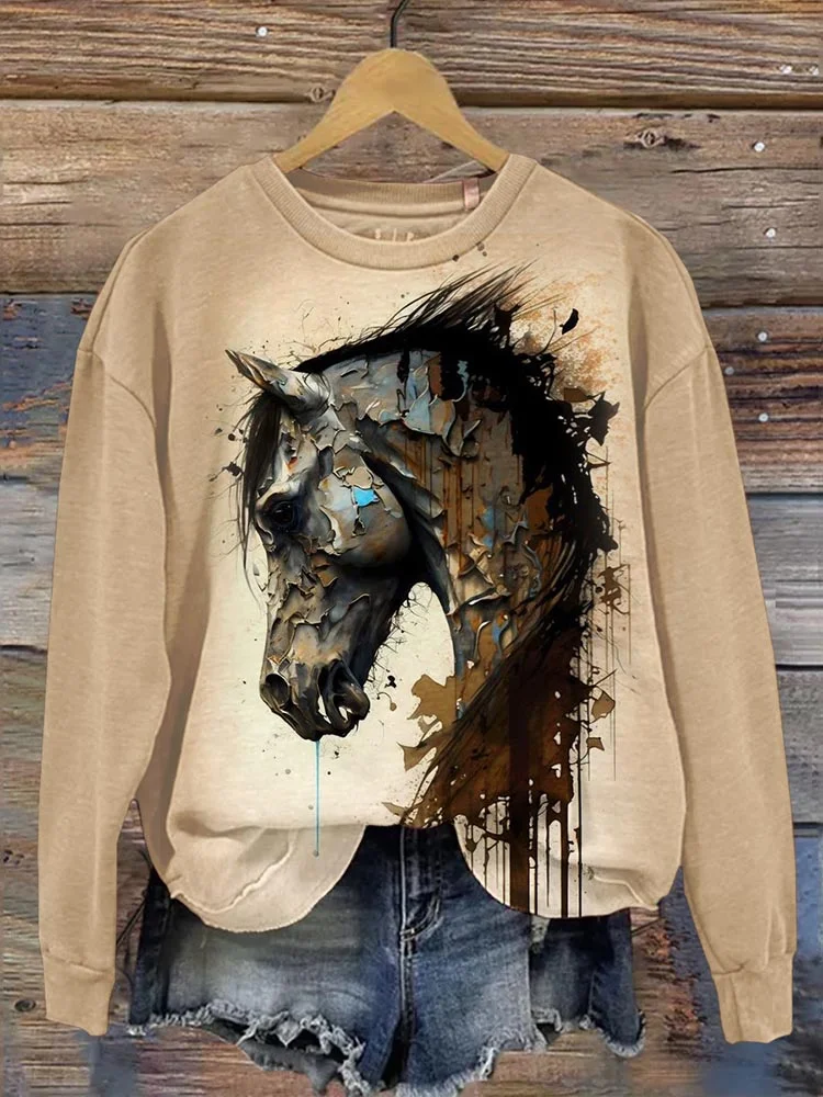 VChics Western Horse Print Round Neck Casual Sweatshirt