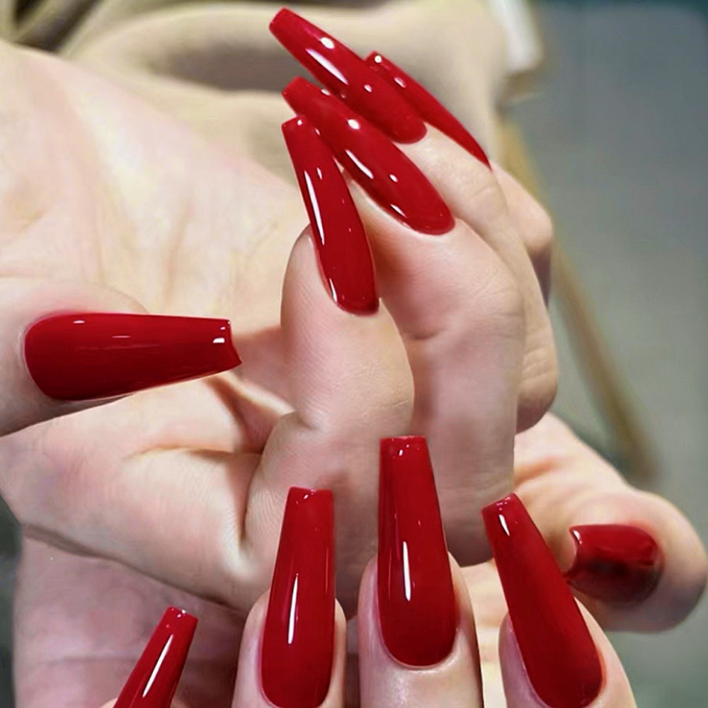 48Pcs Shiny White Woman False Nails With Glue Acrylic Press On Fake Nails Long Ballerina Coffin Shaped DIY Manicure Finger Tips