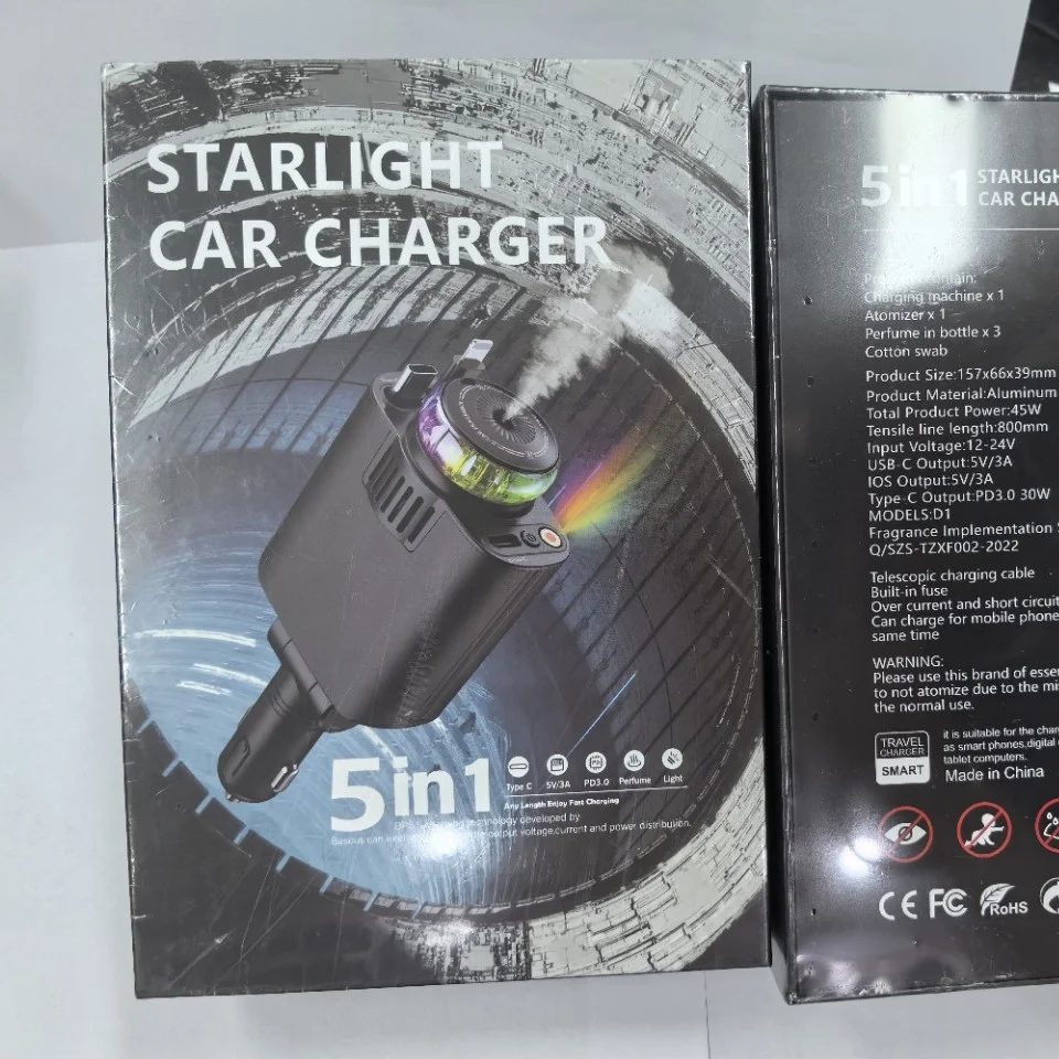 Aromatherapy With Car Charger With Starry Sky Top Multi-Function D1 Car Charger Mobile Phone Super Fast Charging Retractable Cable