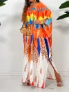 Colorful Feathers Print V-neck Side Slit Casual Maxi Dress