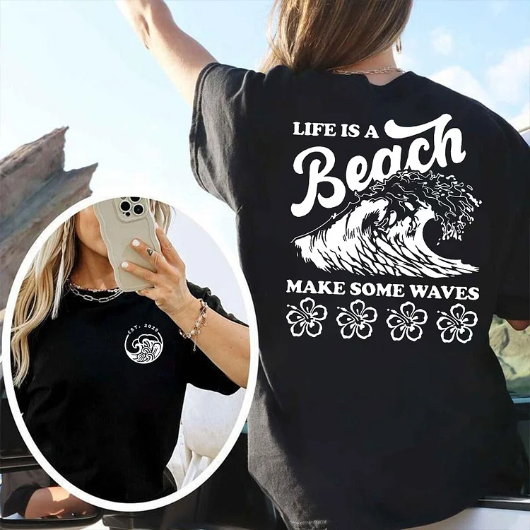 Vibrant Beach Print Crew Neck T-Shirt , Breathable,  Perfect for Vacation, Beach Trip, or Outdoor Activities, Unisex Cotton, Custom Year Of Birth T shirt