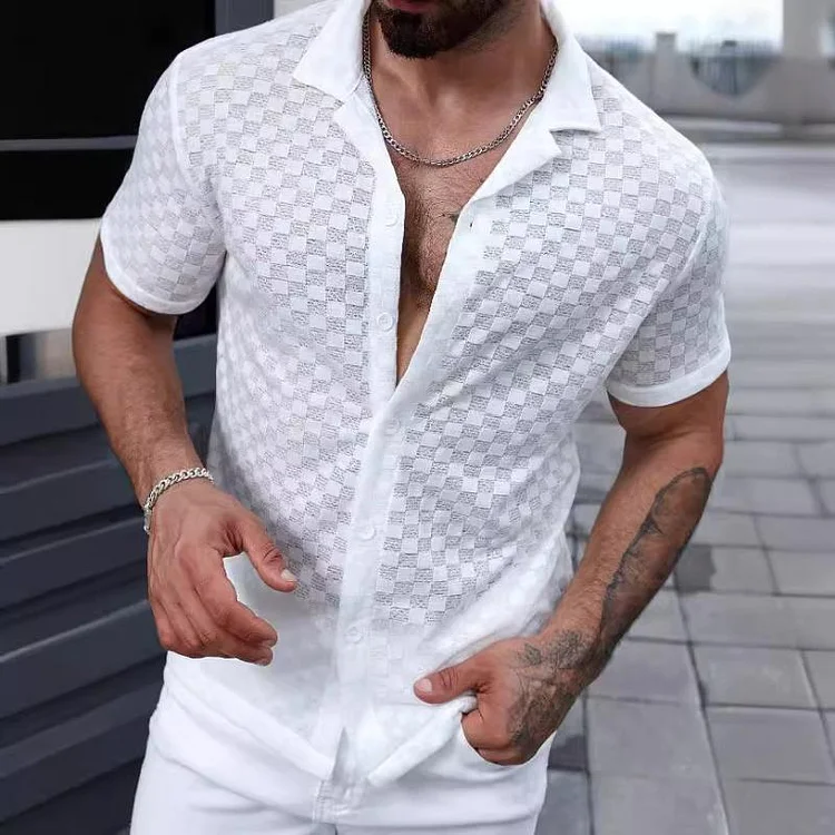 Men's Casual Solid Color Lace Lapel Short Sleeve Shirt