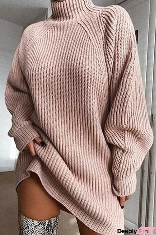 High Collar Puff Sleeve Mini Sweater Dress