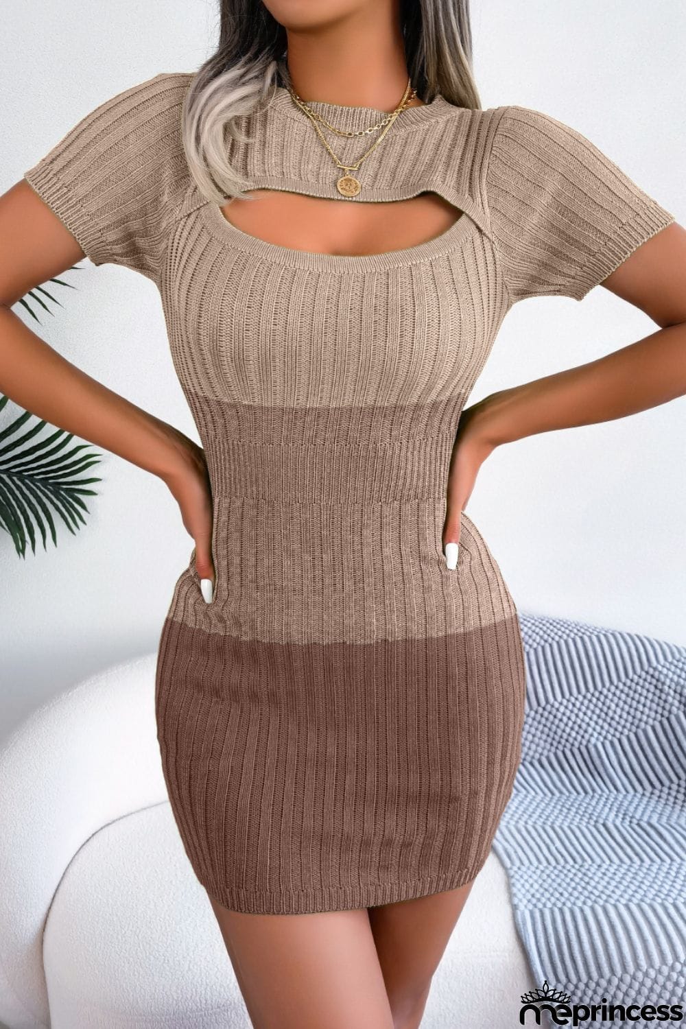 Color Block Cutout Short Sleeve Sweater Dress