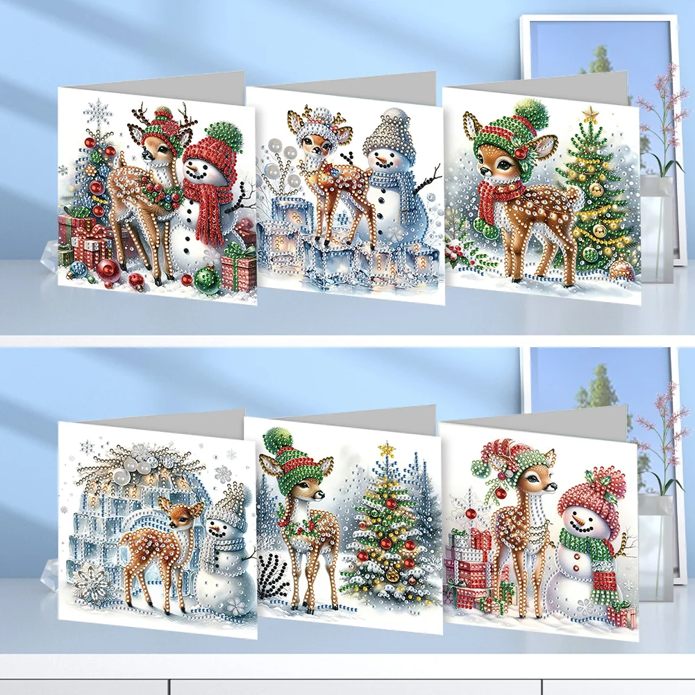 6pcs DIY Christmas Snowman Deer DIY Diamond Painting Card for Friends Family Gift【With White Envelope】