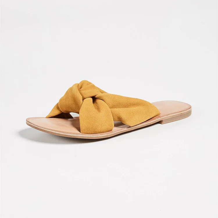 Mustard Vegan Suede Women's Slide Sandals Open Toe Summer Flat Bow Sandals |FSJ Shoes
