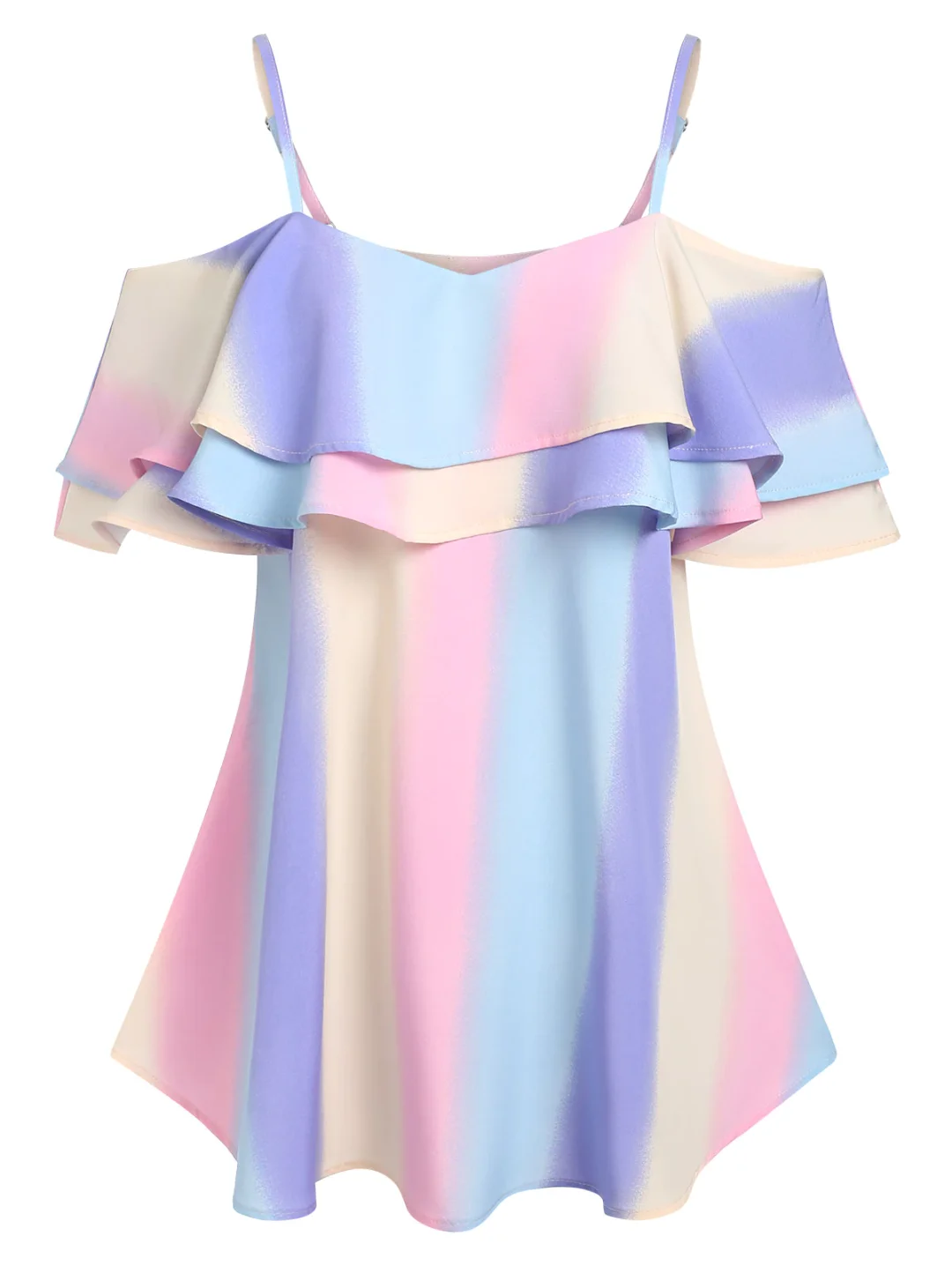 Jangj Shoulder Pastel Color Fairycore Vaccine Top Fancy Like Rainbow Cold Shoulders Ruffled Ombre Color Tee Girl Summer T-Shirts