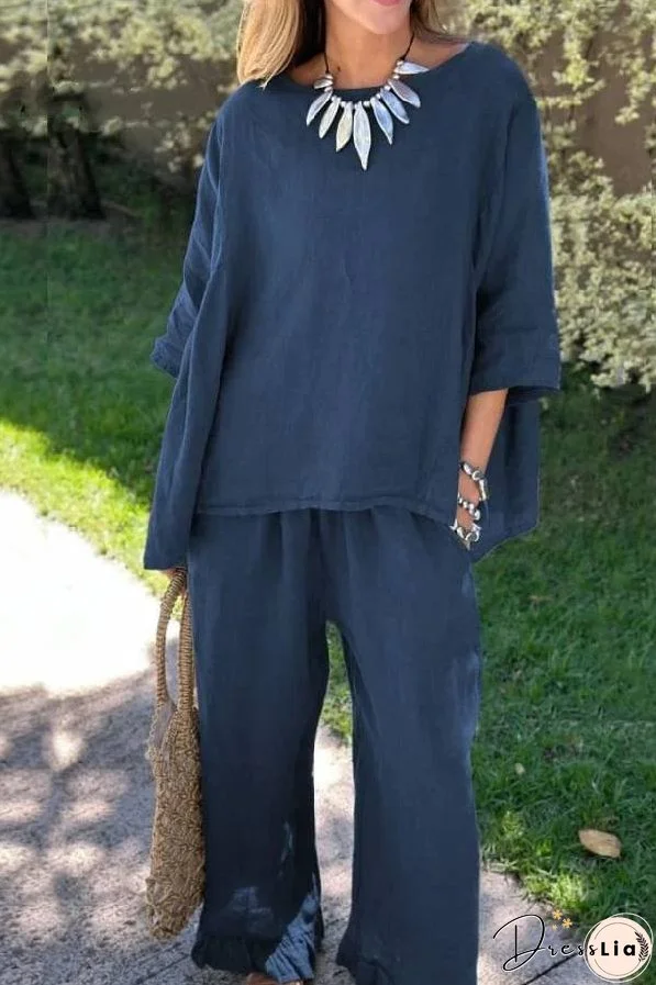 Casual Solid Color Loose Top & Pants Cotton Linen Two-piece Set