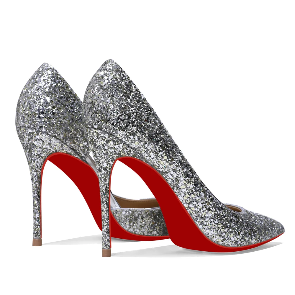 100mm Women's Pointed Toe Red Bottom Shiny Party Daily Wedding Pumps-MERUMOTE