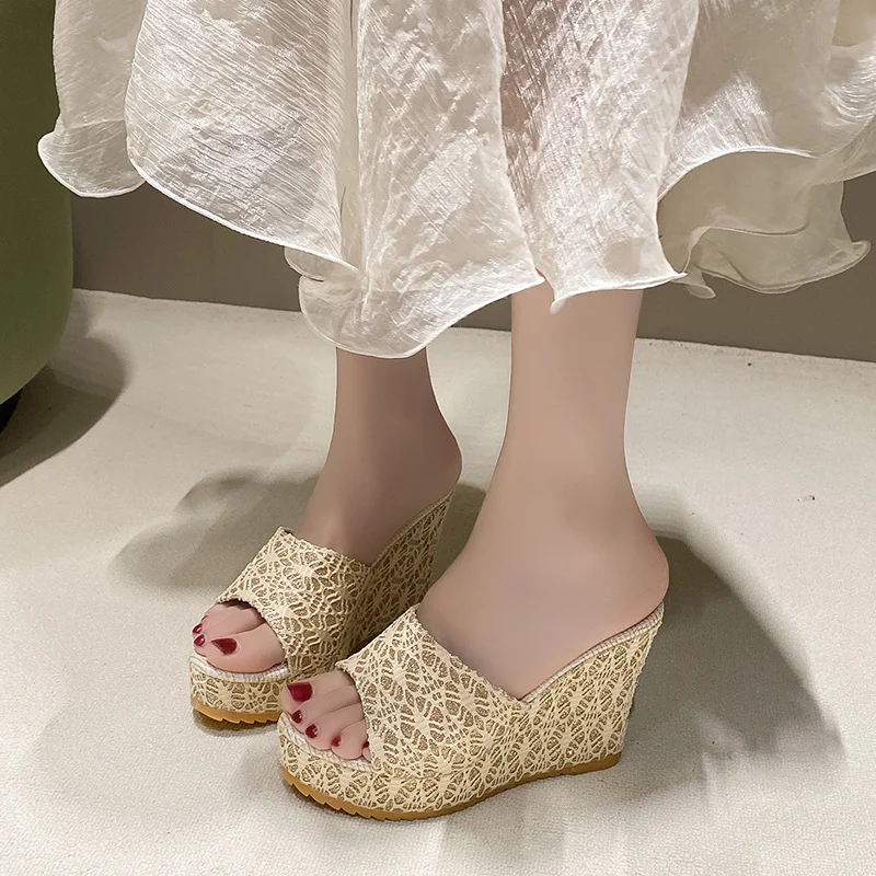 Yyvonne Large-Size Cool Slippers Women Summer New Slope With Fish Mouth Thick Words High And Cold Drag Woman Drag