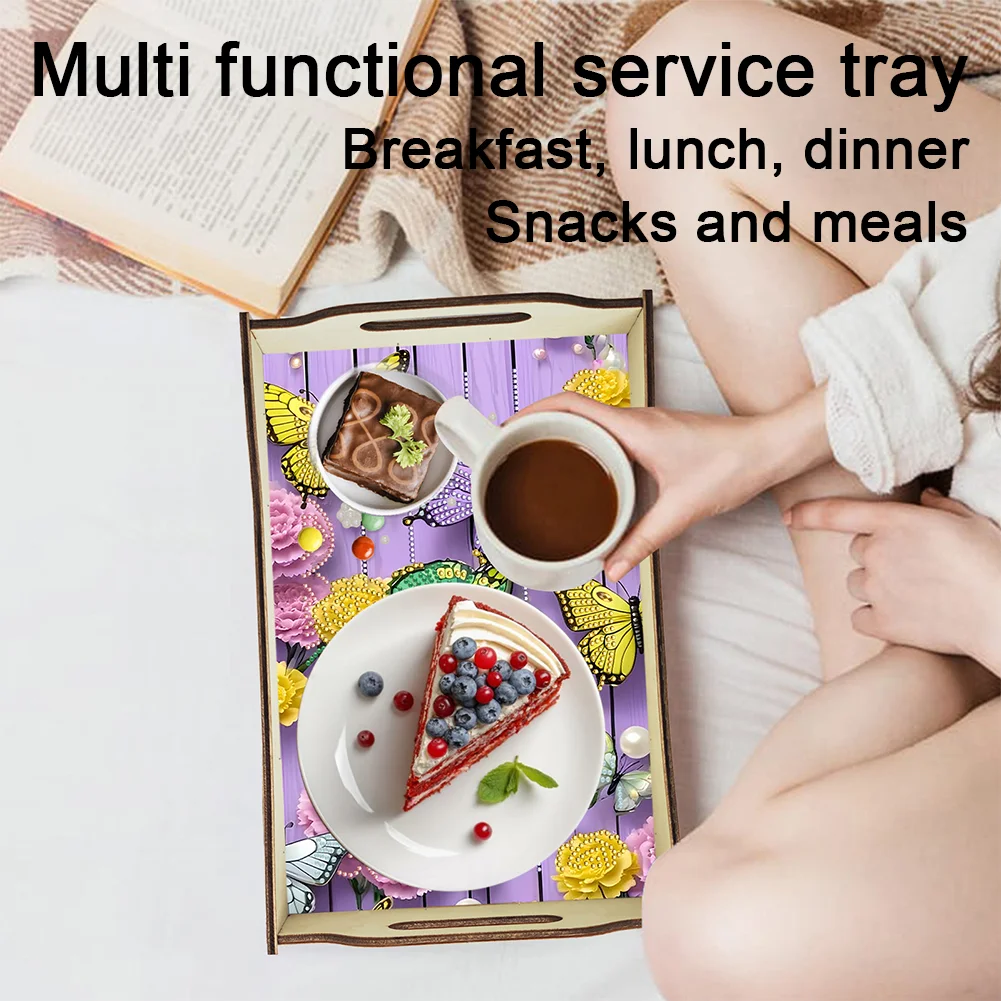 DIY Diamond Painted Dining Plate with Handle Wooden Food Tray Home Decor Gift