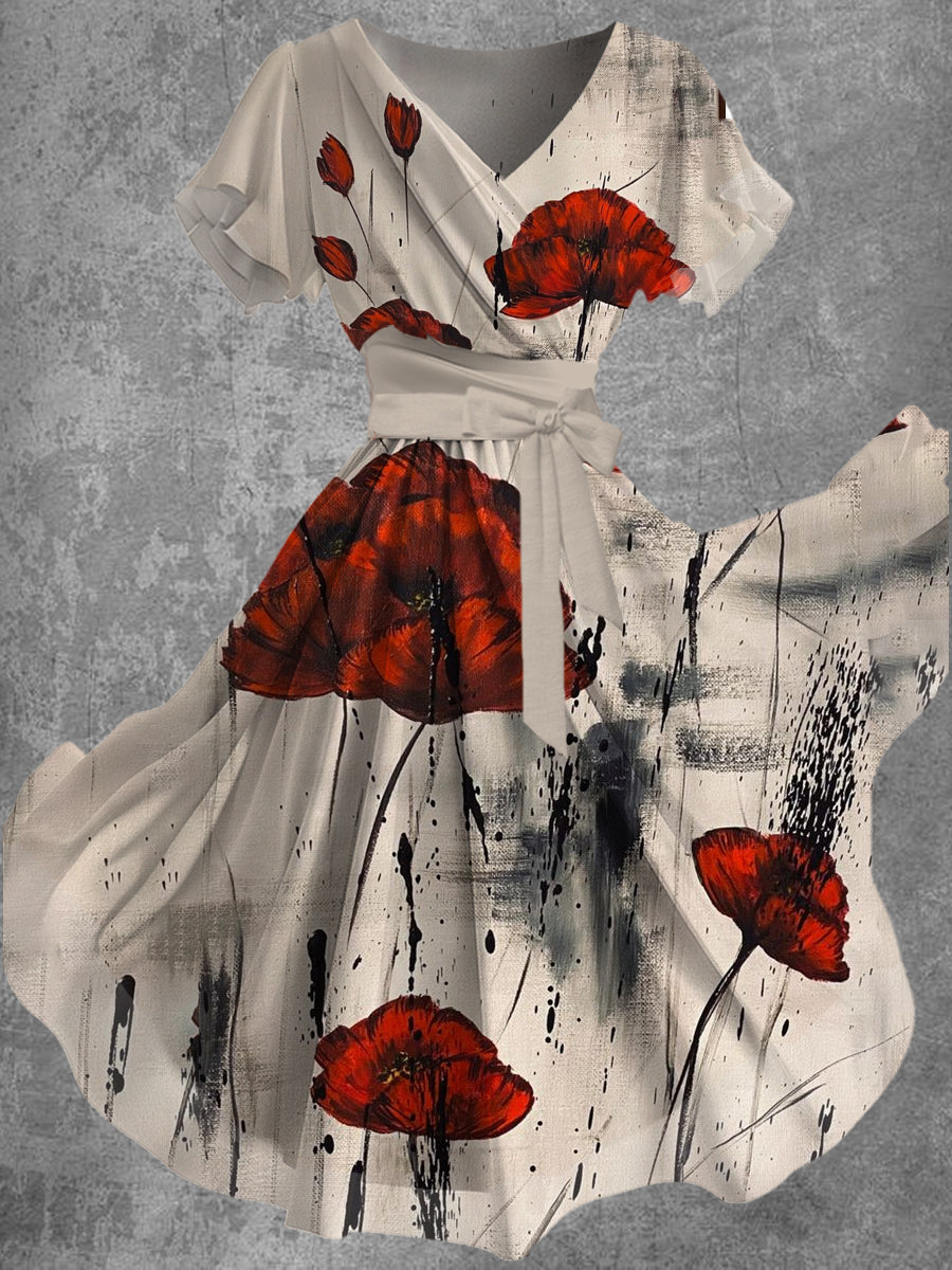 Vintage Floral Art Print V-Neck Short-Sleeve Flowy Midi Dress
