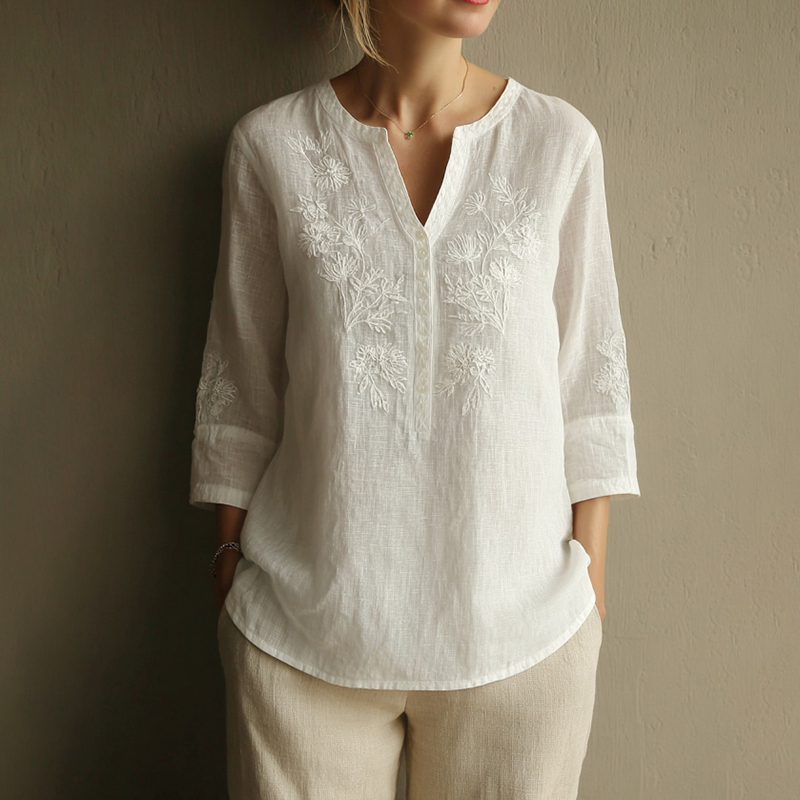 Women's Vintage Floral Embroidered Art Flowy V Neck Casual Tops elevenforest