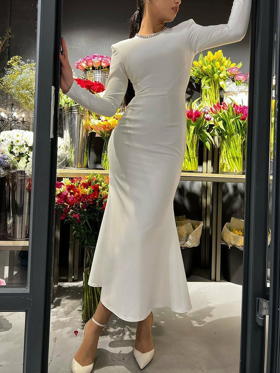 Solid color round neck long sleeve high waist fishtail dress