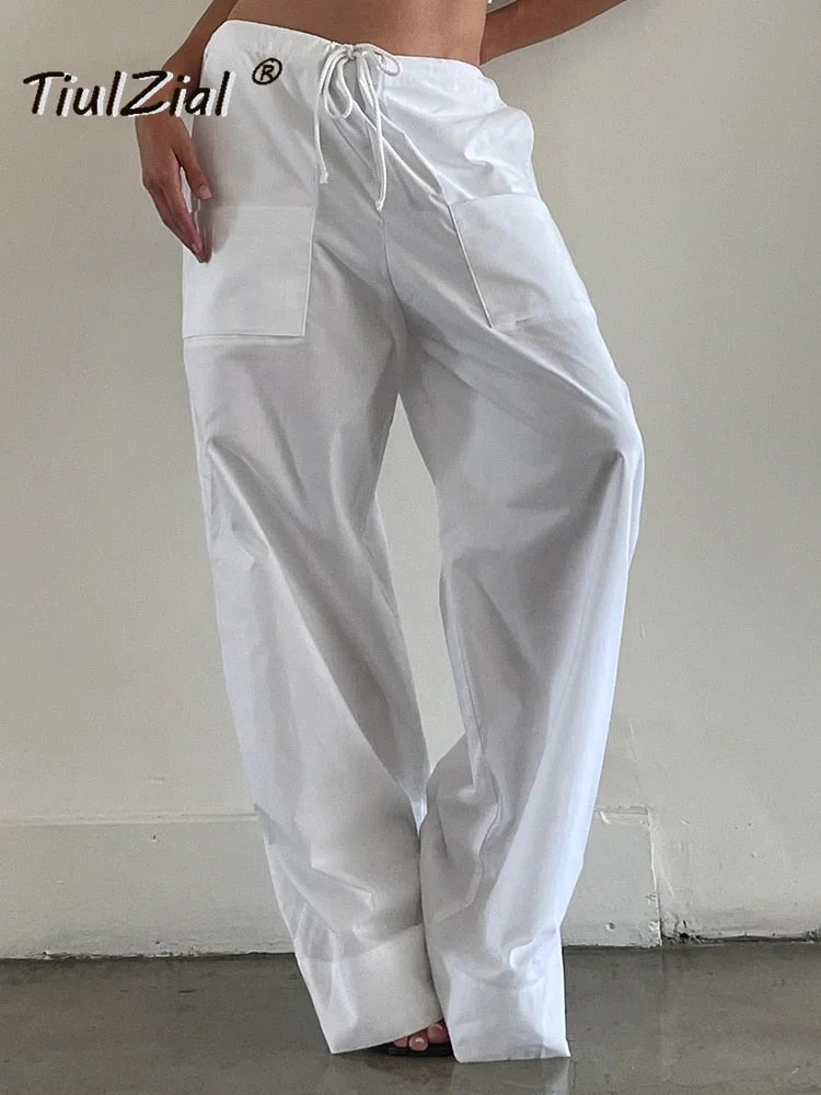 White Y2K Wide Leg Multi Pocket Pant Draw String Waist Vintage Loose Cargo Pants Black Baggy Summer Long Trouser Cotton