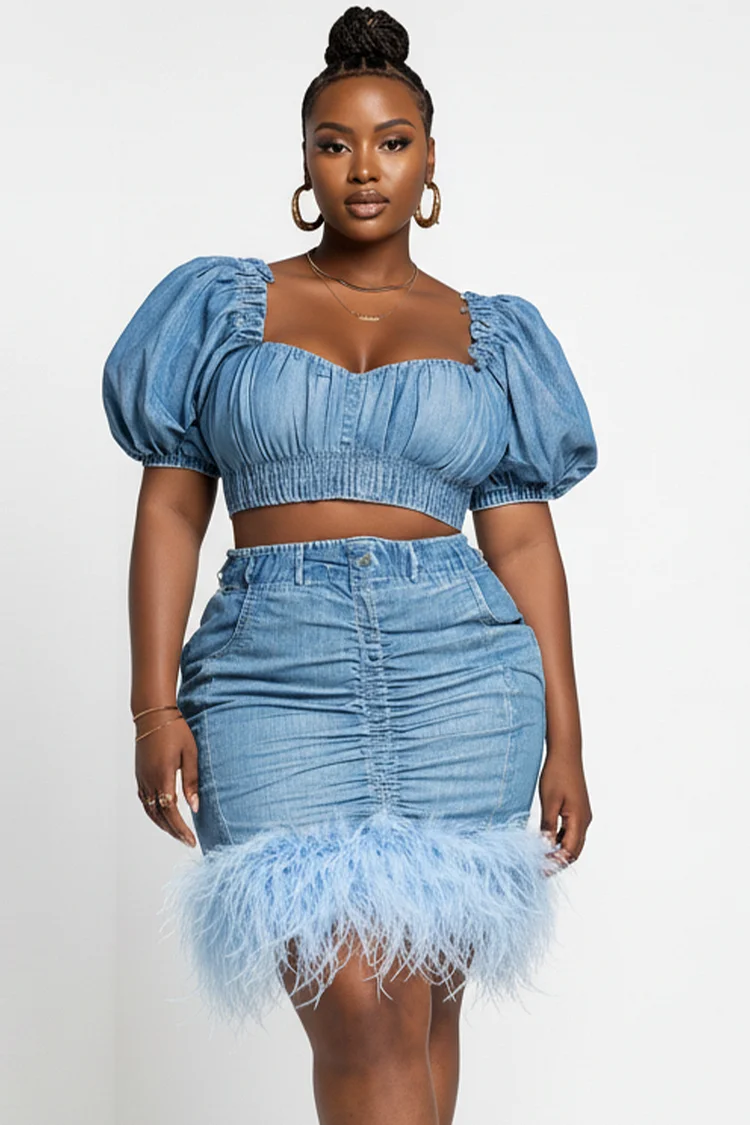 Xpluswear Design Plus Size Party Light Blue Square Neck Puff Sleeve Short Sleeve Bodycon Feather Tencel Denim Two Piece Skirt Sets 2024 - Xpluswear