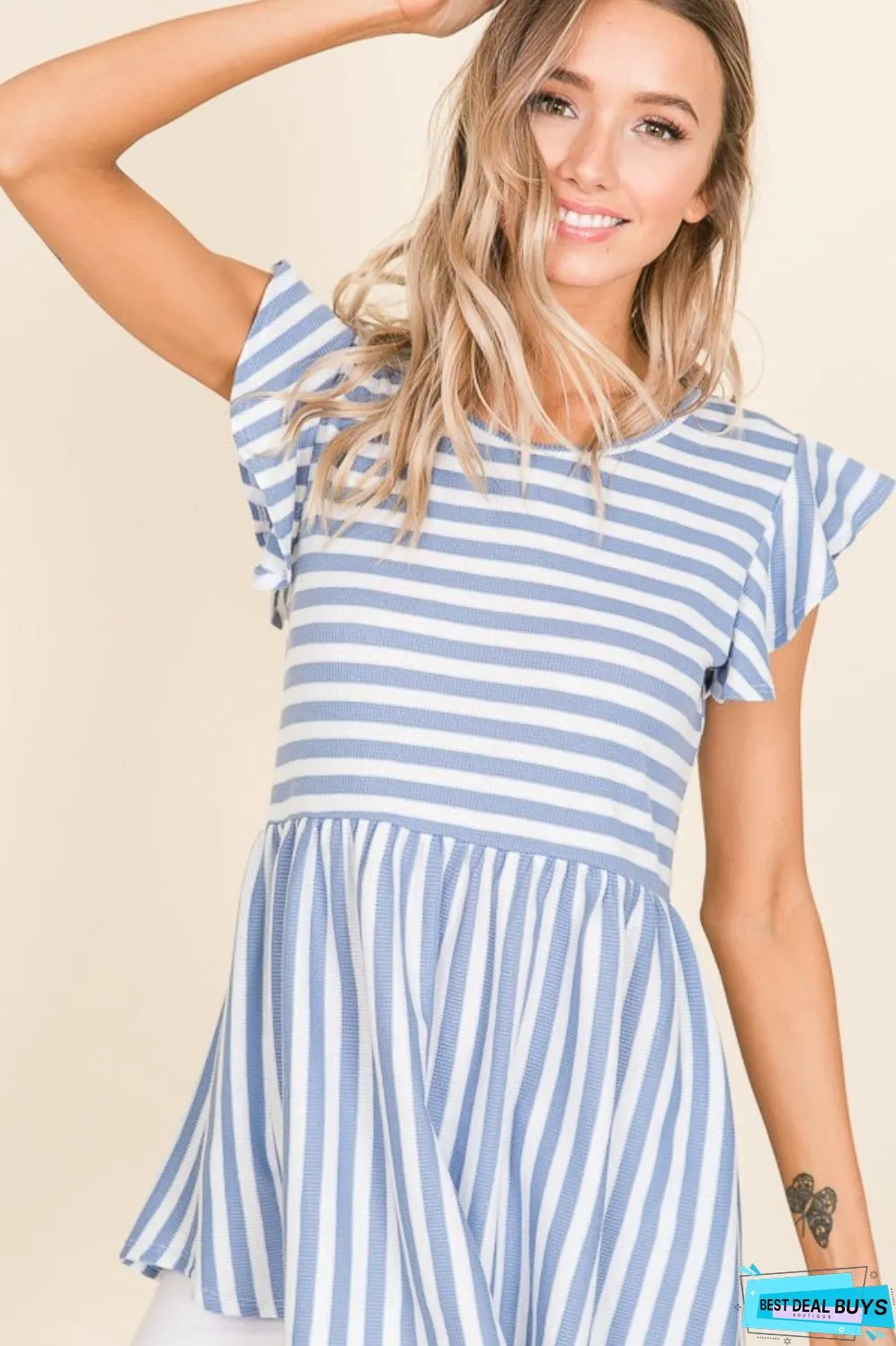 BOMBOM Striped Round Neck Blouse