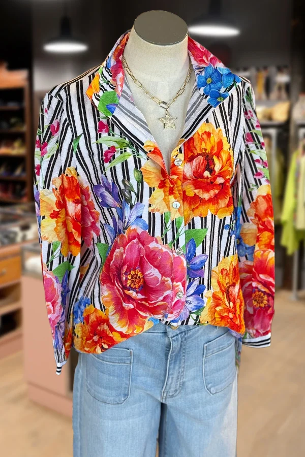 Striped Flower Print Long Sleeve Blouse