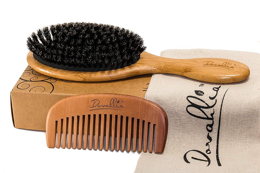 Boar Bristle Hair Brush Set Designed for Thin and Normal Hair - Adds Shine and Improves Hair Texture  (black)
