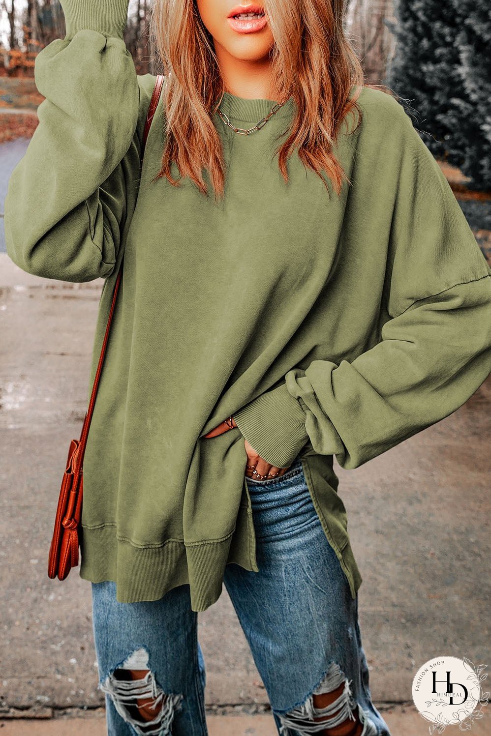 Dropped Shoulder Round Neck Long Sleeve Blouse