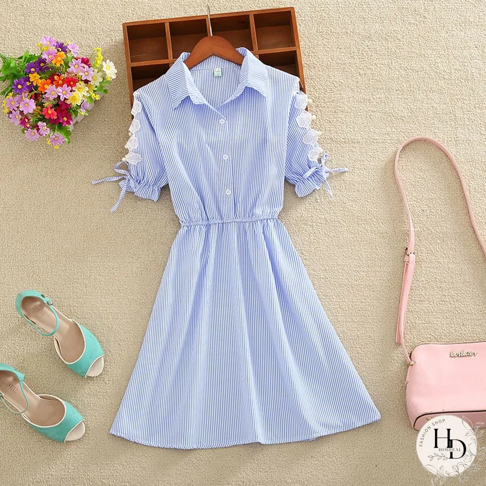 Elegant Office Summer Dress Shirt Blue Striped Cotton Turn Down Collar Wear Work Shirts