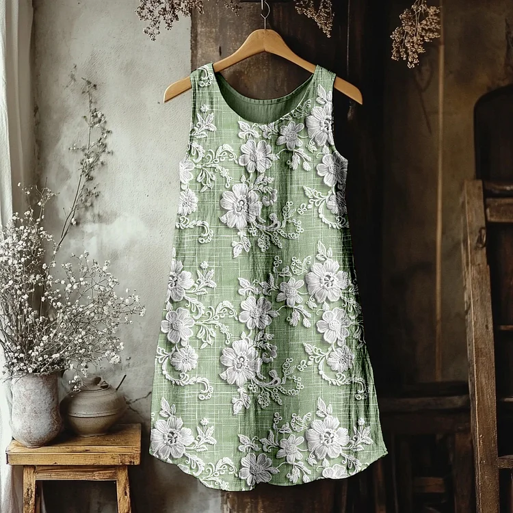 VChics Vintage Floral Lace Embroidered Linen Blend Tank Dress