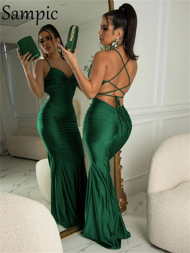Sampic Sexy Fashion Green Satin Bodycon Backless Long Dress Bandage Evening Women Party Night Club Wrap Summer 2022 Dresses