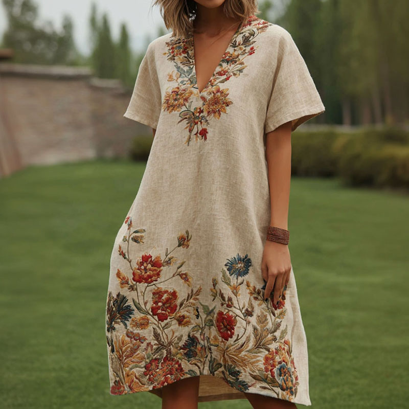 Women's Retro Floral Print V-neck Short Sleeve Dress elevenforest