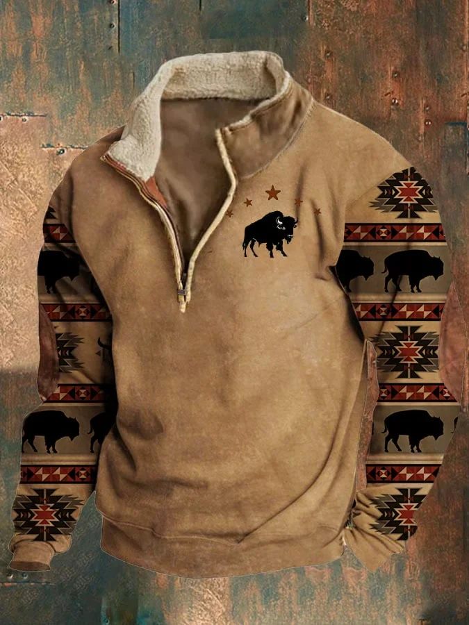Retro Casual Men's Western Style Yak Print Sweatshirt