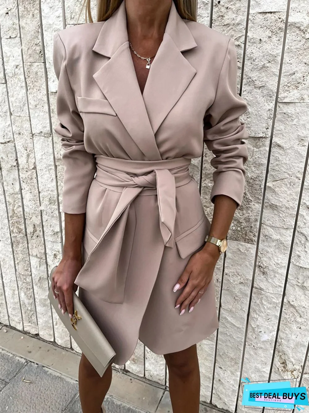 Waist-Tied Loose Candy-Colored Suit Collar Dress