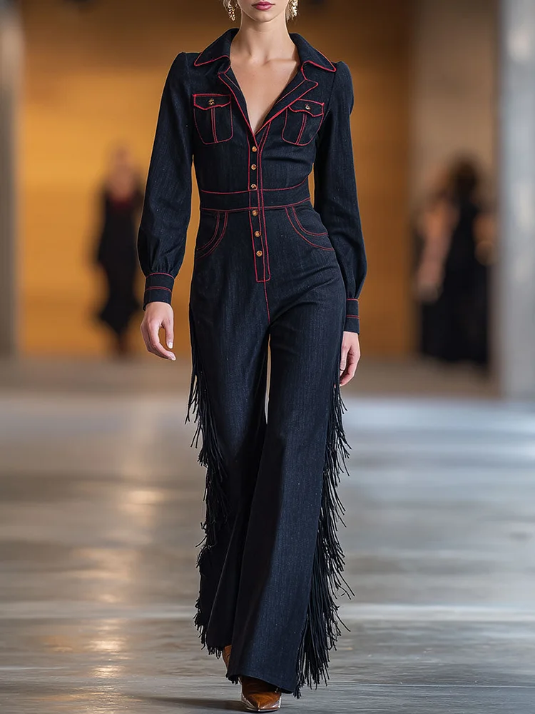 【24-hour shipping out】Retro Red Topstitched Navy Denim Long Sleeve Flared Tassel Jumpsuit