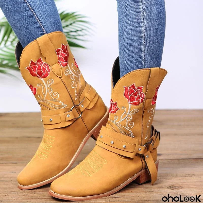 Womens Mid-Heel Fashion Embroidered Rose Mid-Calf Boots With Buckles