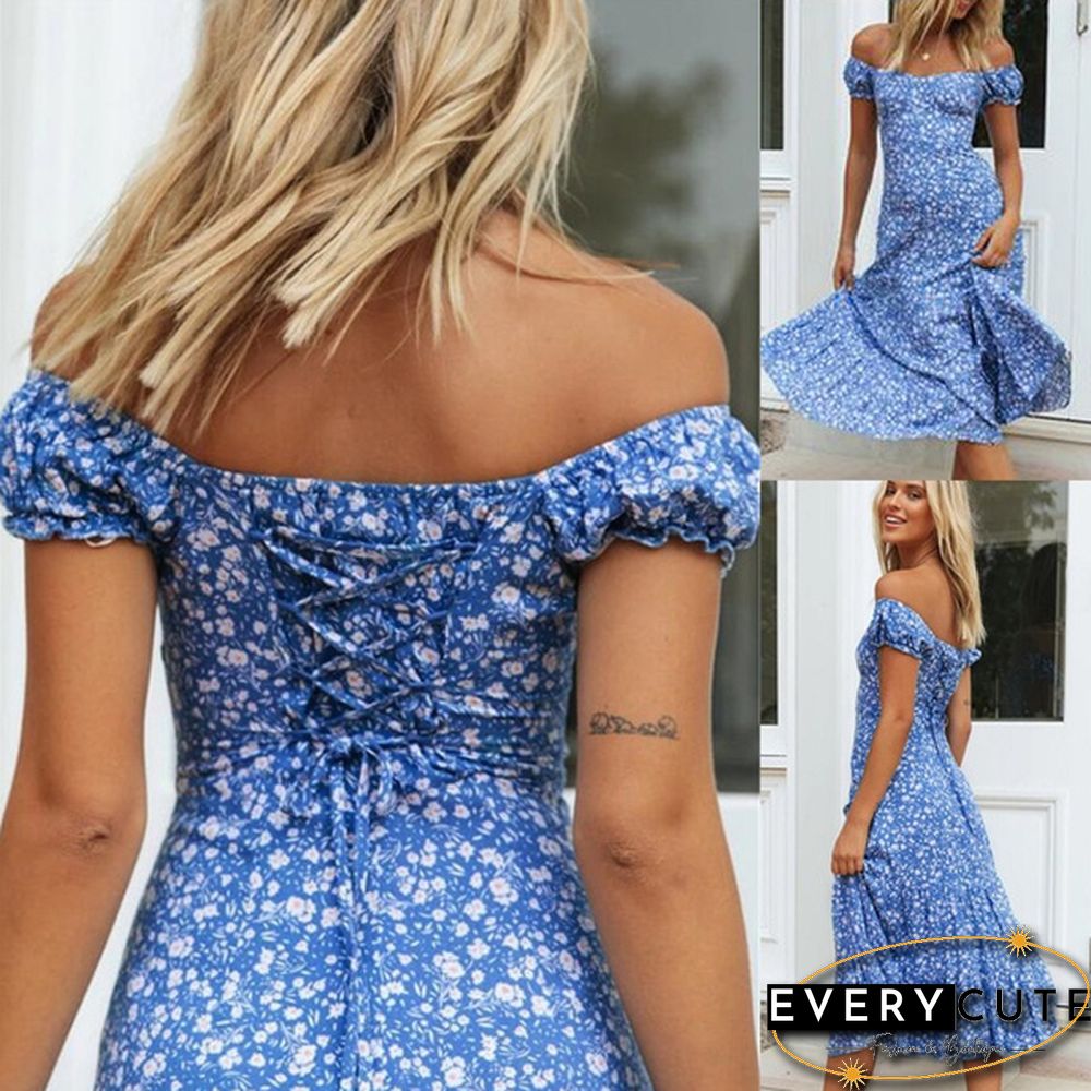 Summer Fashion Boho Long Dress Slash Neck Off The Shoulder Floral Print Casual Women Dresses
