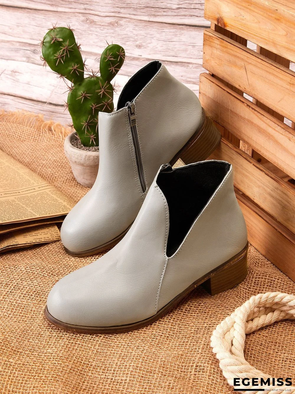 Retro Distressed Polished Color Zipper Thick Heel Pointed Ankle Boots | EGEMISS