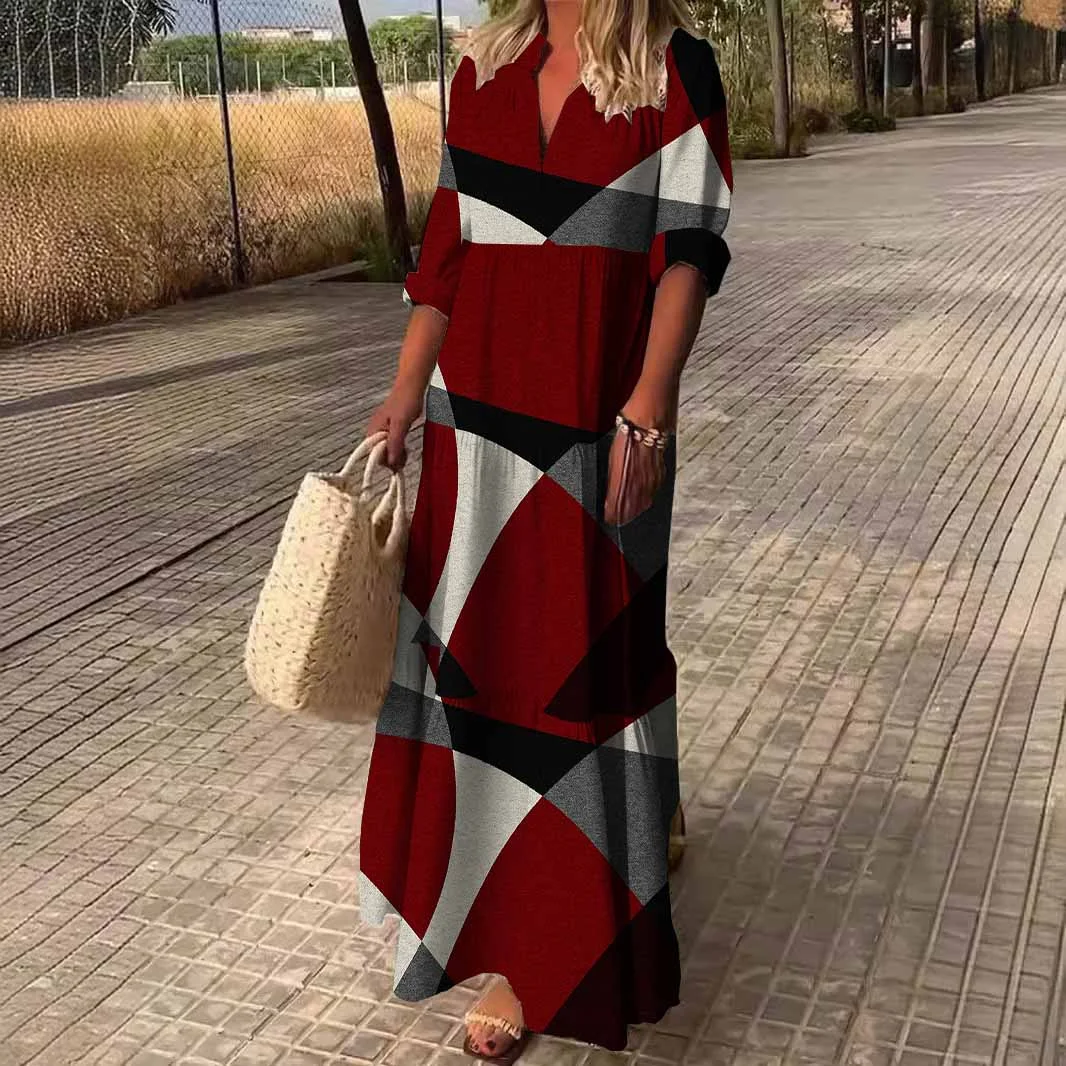 Women Abstract, Geometric, Red, Black DZDN0801 SPU Printed Long Sleeve V-neck Maxi Dress