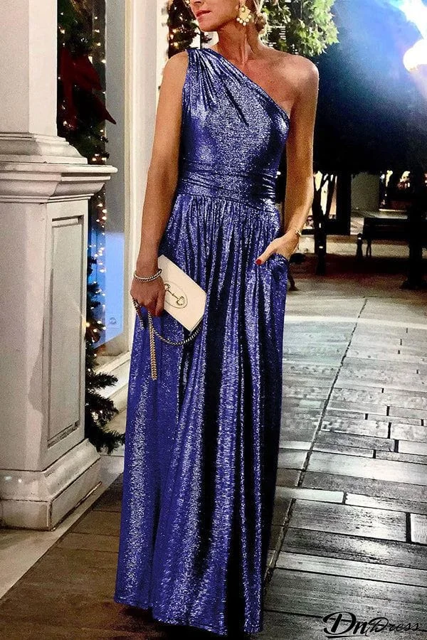 Bronzing Slanted Shoulder Pocket Swing Dress