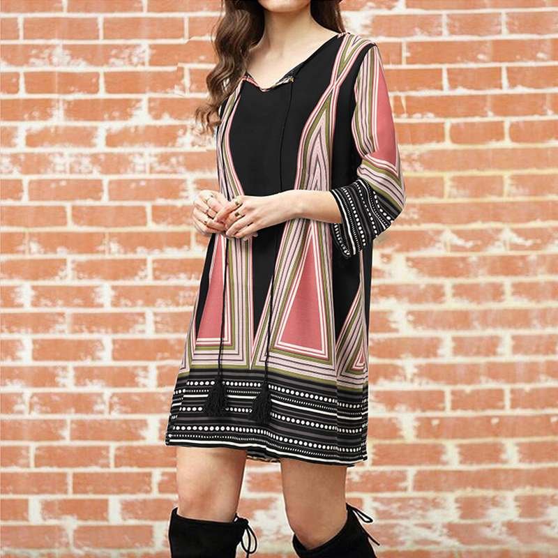 ZANZEA Women V Neck Sundress Casual Bohemian Printed Mini Dress Vintage Loose 3/4 Sleeve Kaftan Floral Tassel Holiday Vestidos