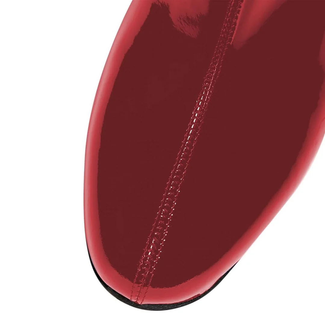 Red Patent Round Toe Zipper Ankle Boots with Rhinestone Block Heel