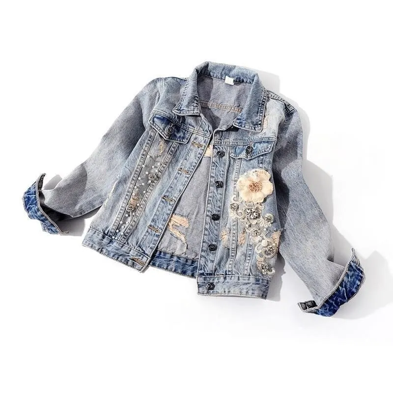 Spring Autumn Women's Denim Jacket New Diamond Flower Long Sleeve Jeans Jackets Girl Short Outwear Vintage Cowboy Tops Female