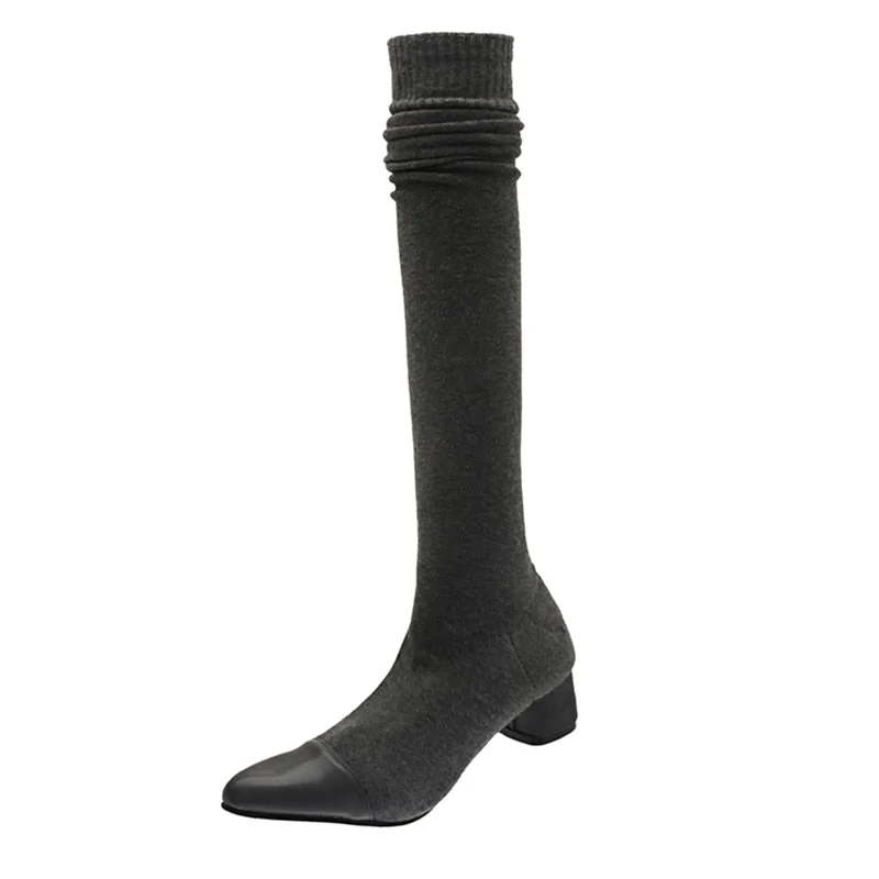 Women Sock Boots Over The Knee Pointed Toe Elastic Fabric Boots Woman Slip On Thick High Heels Stretch Boots Woman Black Brown