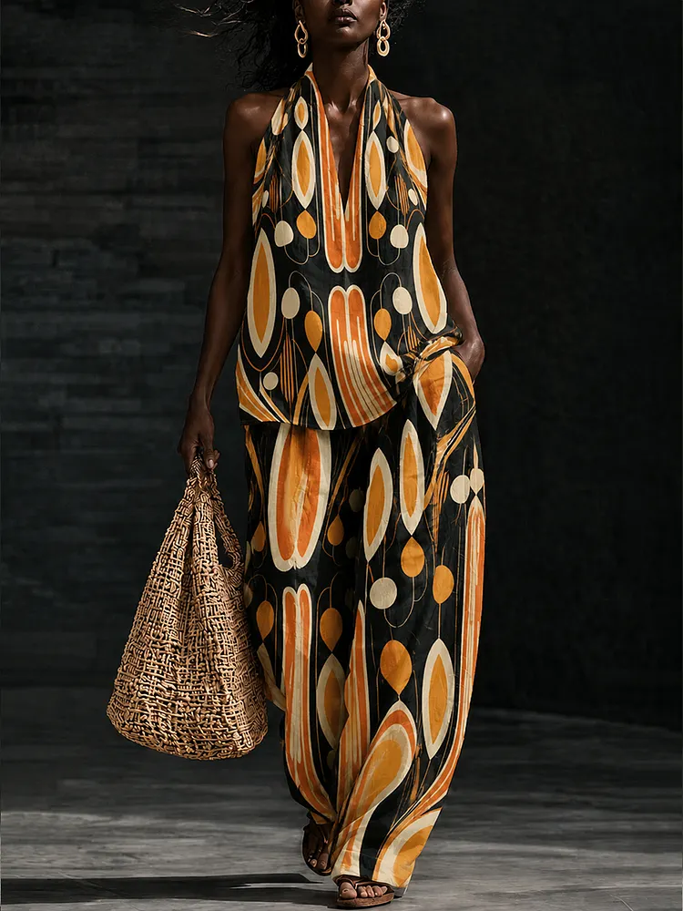 Women&rsquo;s Tribal Mask Pattern Creative Print Two-Piece Set
