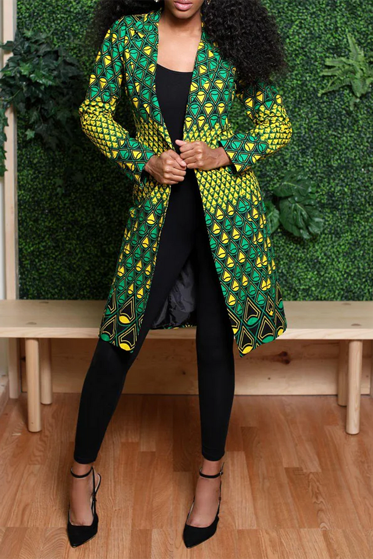 Plus Size Business Casual Green African Ankara V Neck Long Sleeve Split Blouses