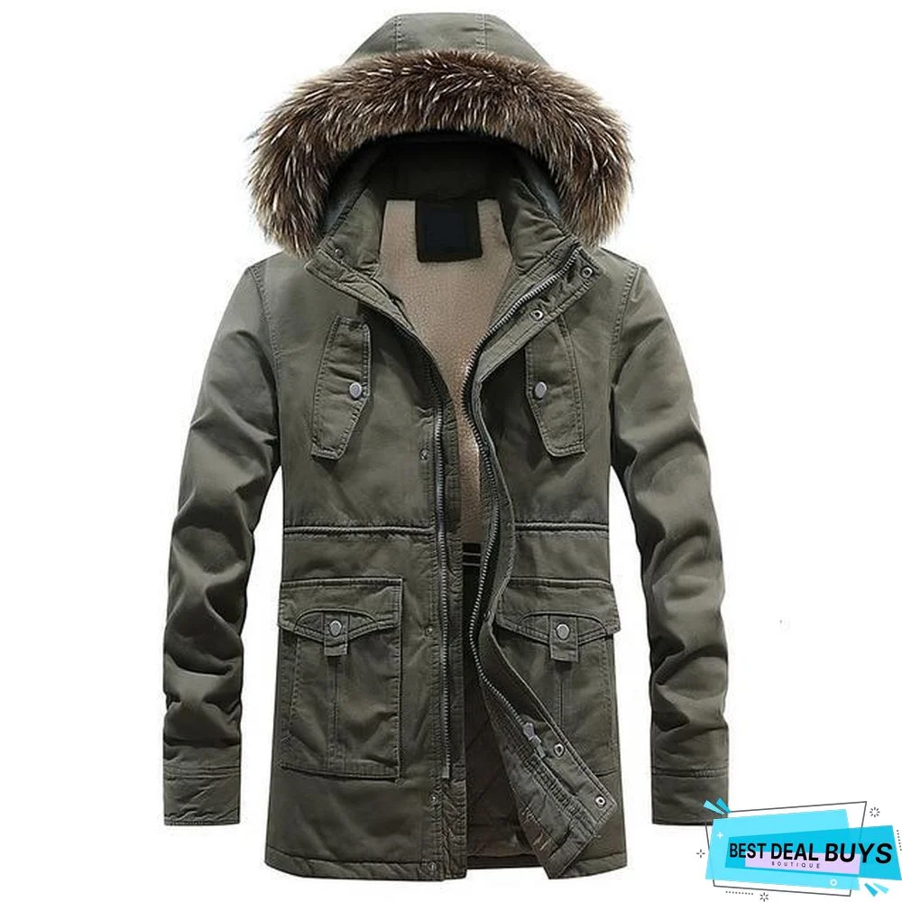 Men Long Casual Thick Warm Fleece Jacket Parkas Men Outfit Fashion Fur Collar Hooded 100% Cotton Coat Parkas